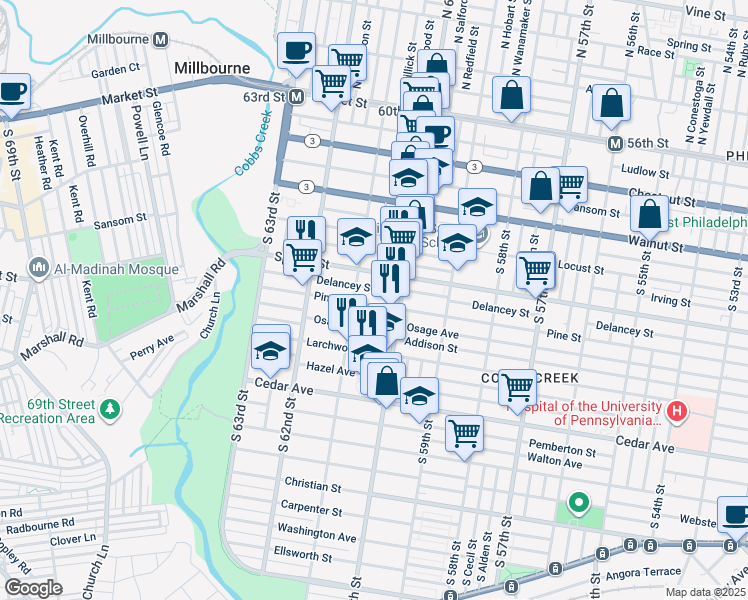 map of restaurants, bars, coffee shops, grocery stores, and more near 6020 Pine Street in Philadelphia