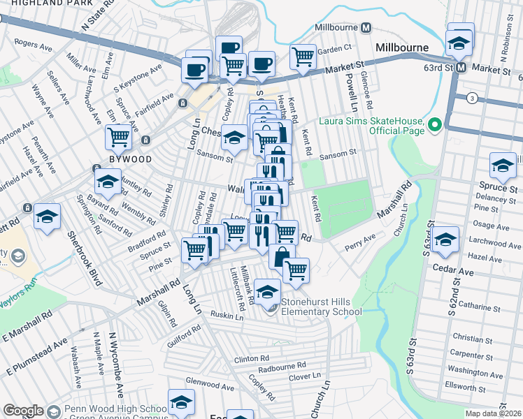 map of restaurants, bars, coffee shops, grocery stores, and more near 249 Maypole Road in Delaware County