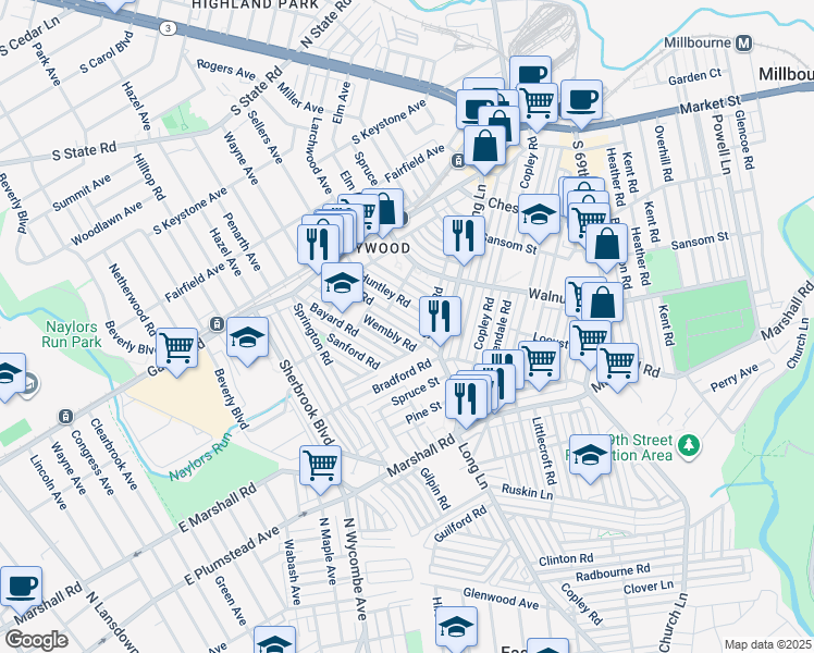 map of restaurants, bars, coffee shops, grocery stores, and more near 113 Ashton Road in Delaware County