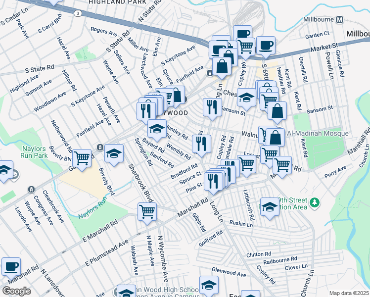 map of restaurants, bars, coffee shops, grocery stores, and more near 215 Wembly Road in Delaware County