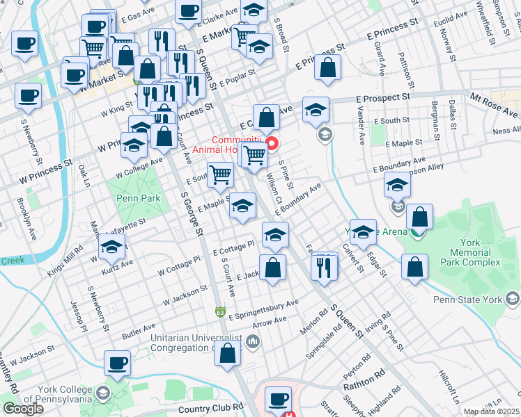 map of restaurants, bars, coffee shops, grocery stores, and more near 549 McKenzie Street in York