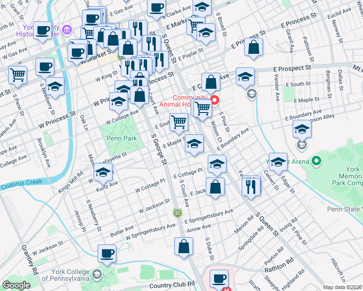 map of restaurants, bars, coffee shops, grocery stores, and more near 526 South Duke Street in York