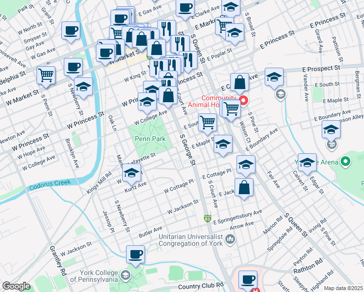 map of restaurants, bars, coffee shops, grocery stores, and more near 23 West Maple Street in York