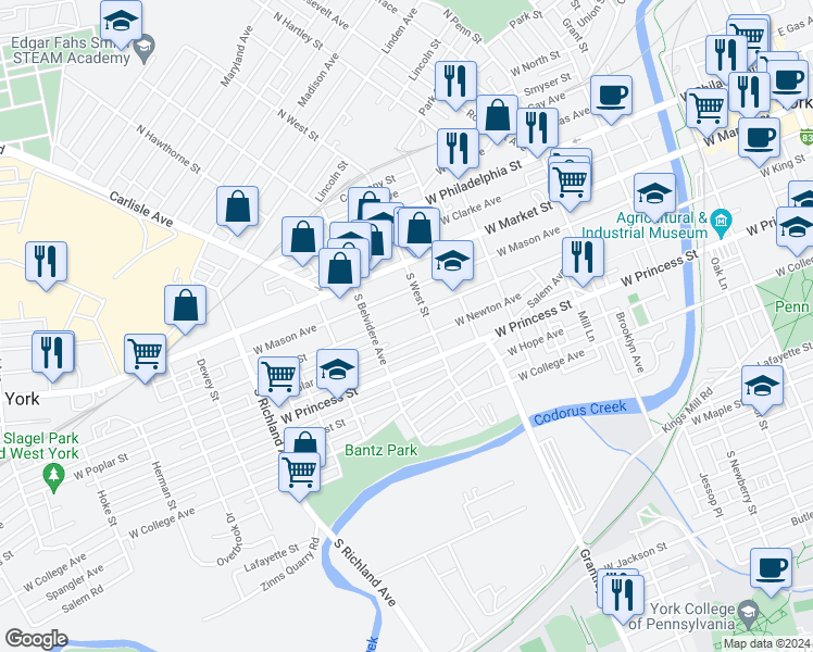 map of restaurants, bars, coffee shops, grocery stores, and more near 609 West Poplar Street in York