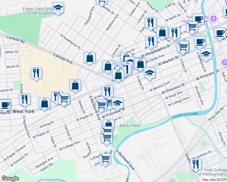 map of restaurants, bars, coffee shops, grocery stores, and more near 47 South Royal Street in York