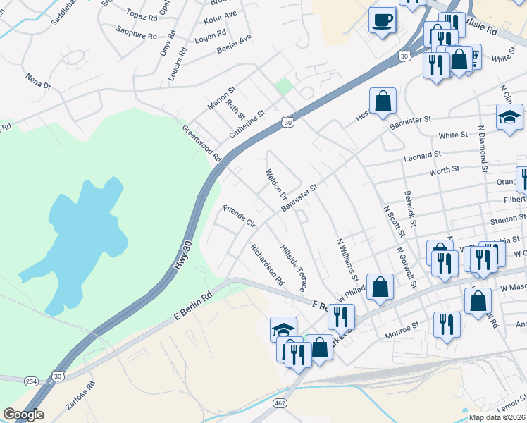 map of restaurants, bars, coffee shops, grocery stores, and more near 2601 Bannister Street in York County