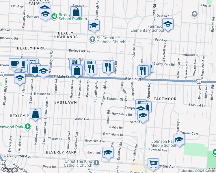 map of restaurants, bars, coffee shops, grocery stores, and more near 737 South Chesterfield Road in Columbus
