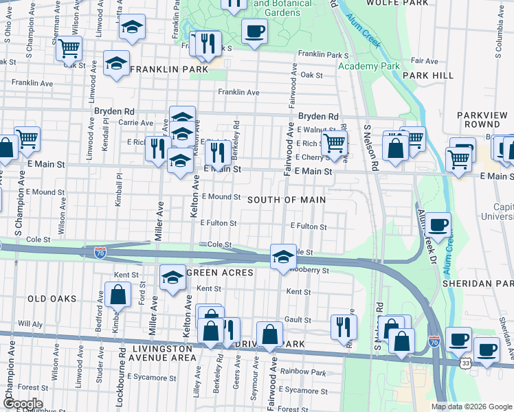 map of restaurants, bars, coffee shops, grocery stores, and more near 566 Seymour Avenue in Columbus