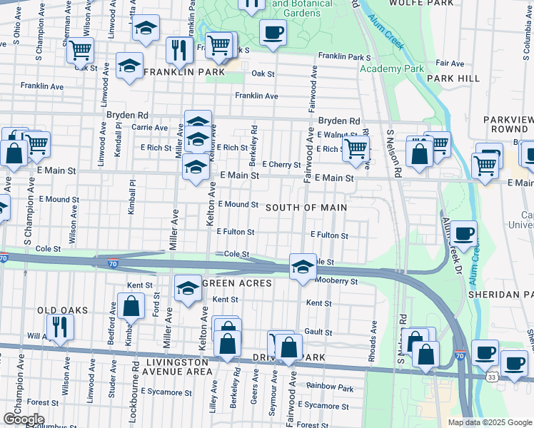 map of restaurants, bars, coffee shops, grocery stores, and more near 556 Berkeley Road in Columbus