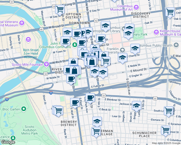 map of restaurants, bars, coffee shops, grocery stores, and more near in Columbus