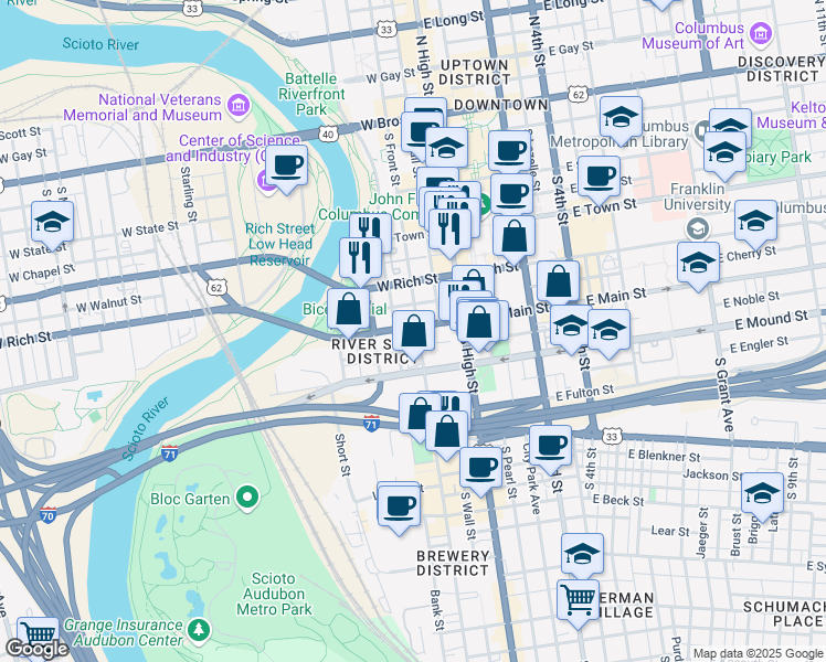 map of restaurants, bars, coffee shops, grocery stores, and more near 314 South Front Street in Columbus