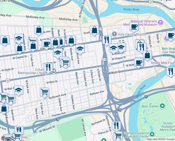 map of restaurants, bars, coffee shops, grocery stores, and more near 194 South Souder Avenue in Columbus