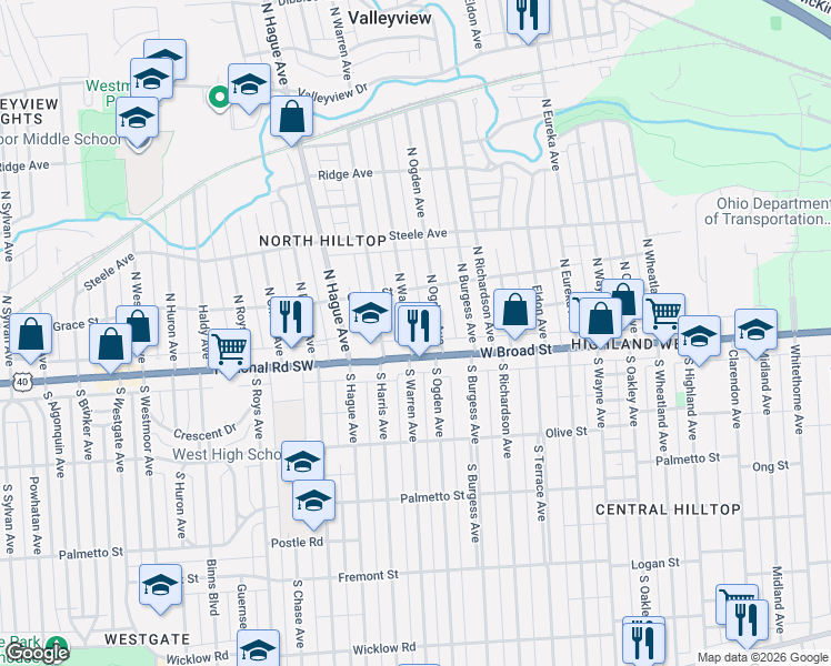 map of restaurants, bars, coffee shops, grocery stores, and more near 2655 National Road Southwest in Columbus