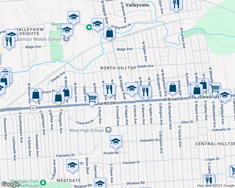 map of restaurants, bars, coffee shops, grocery stores, and more near in Columbus