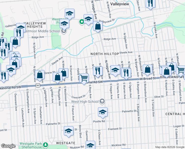 map of restaurants, bars, coffee shops, grocery stores, and more near 30 North Roys Avenue in Columbus