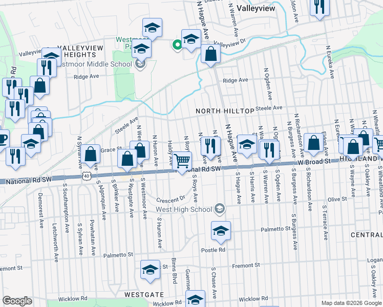 map of restaurants, bars, coffee shops, grocery stores, and more near 30 North Roys Avenue in Columbus