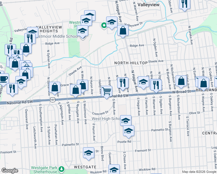 map of restaurants, bars, coffee shops, grocery stores, and more near 34 Haldy Avenue in Columbus
