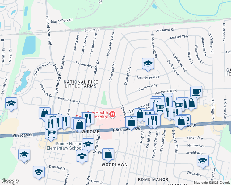 map of restaurants, bars, coffee shops, grocery stores, and more near 169 Sturbridge Road in Columbus