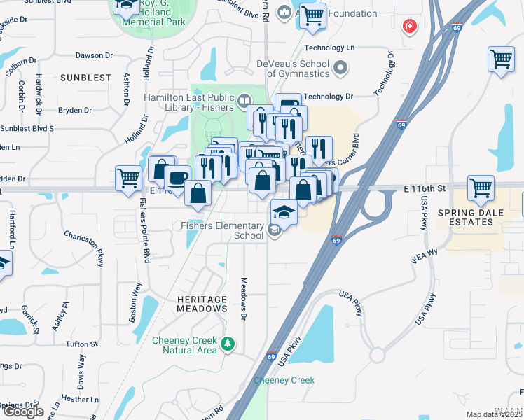 map of restaurants, bars, coffee shops, grocery stores, and more near 8767 South Street in Fishers