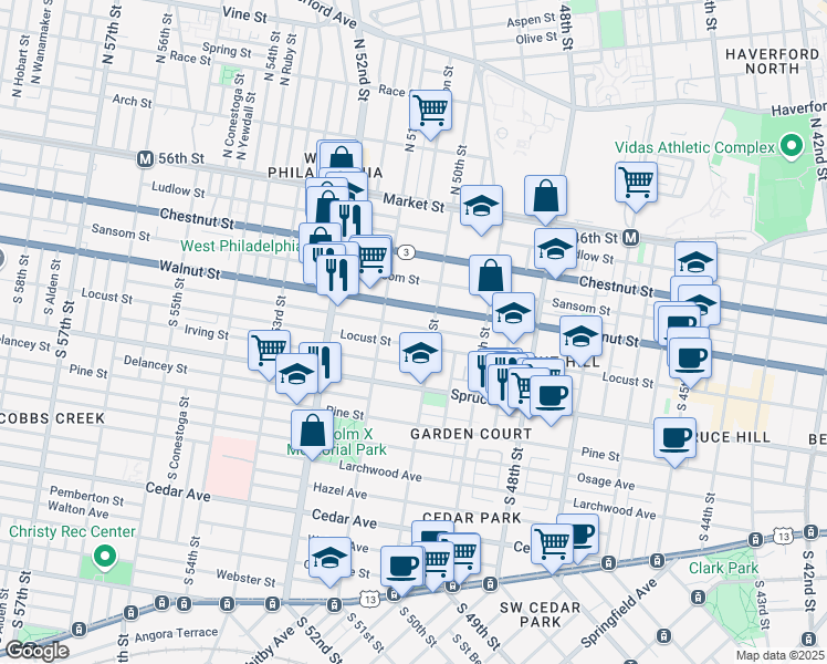 map of restaurants, bars, coffee shops, grocery stores, and more near 5022 Chancellor Street in Philadelphia