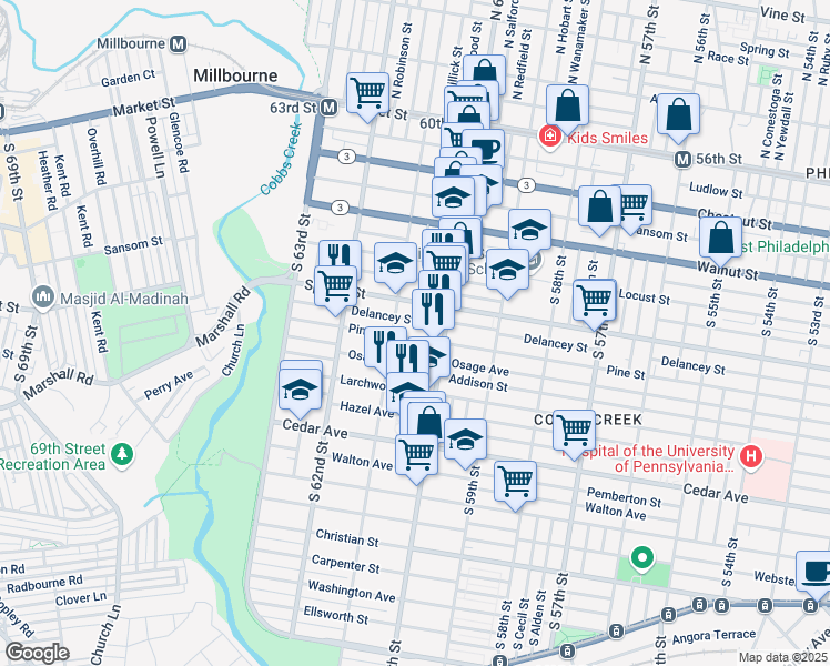 map of restaurants, bars, coffee shops, grocery stores, and more near 6037 Pine Street in Philadelphia