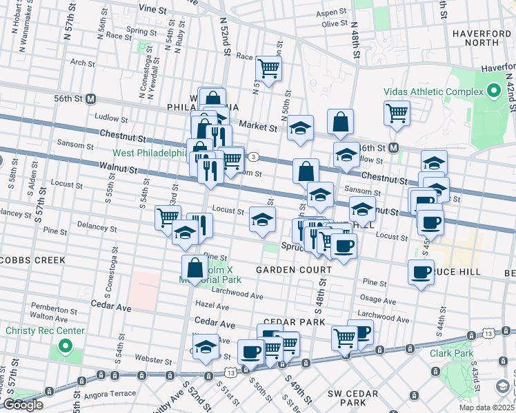 map of restaurants, bars, coffee shops, grocery stores, and more near 5020 Chancellor Street in Philadelphia