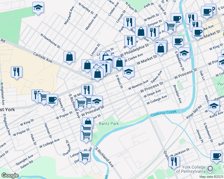map of restaurants, bars, coffee shops, grocery stores, and more near 646 West King Street in York