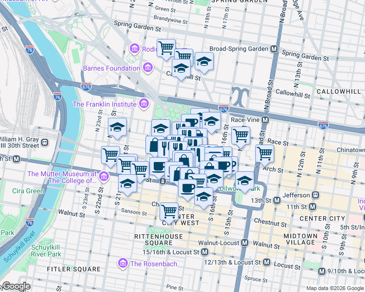 map of restaurants, bars, coffee shops, grocery stores, and more near 100 North 18th Street in Philadelphia