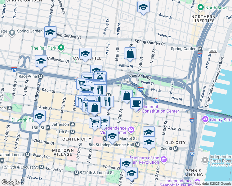 map of restaurants, bars, coffee shops, grocery stores, and more near 201-59 North 8th Street in Philadelphia
