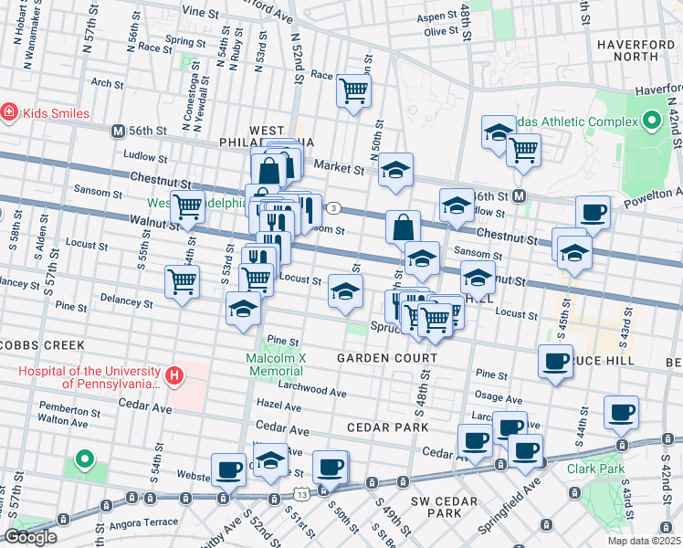 map of restaurants, bars, coffee shops, grocery stores, and more near 5018 Chancellor Street in Philadelphia