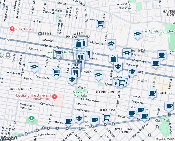 map of restaurants, bars, coffee shops, grocery stores, and more near 5109 Locust Street in Philadelphia