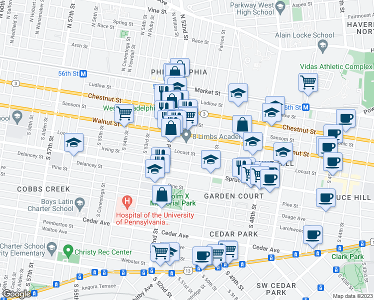 map of restaurants, bars, coffee shops, grocery stores, and more near 5109 Locust Street in Philadelphia