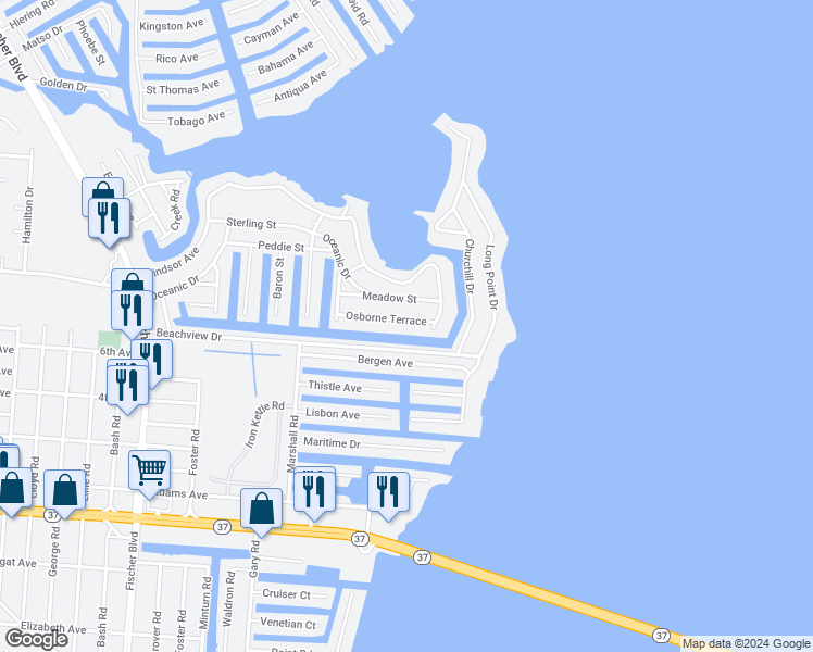map of restaurants, bars, coffee shops, grocery stores, and more near 3239 Osborne Terrace in Toms River