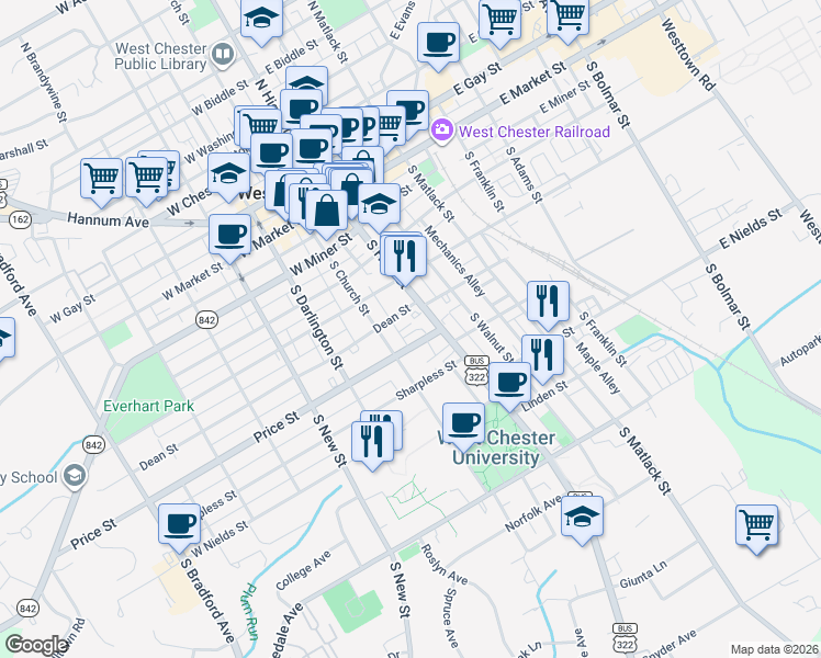map of restaurants, bars, coffee shops, grocery stores, and more near 25 Adele Alley in West Chester