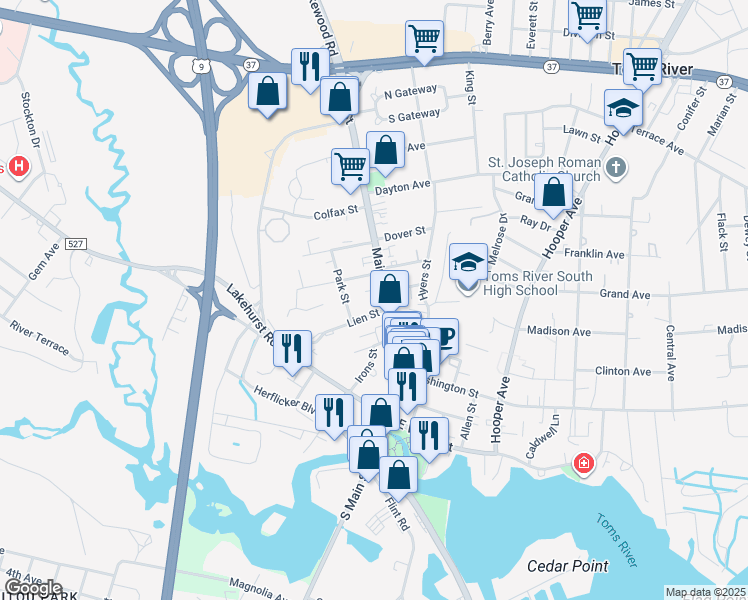 map of restaurants, bars, coffee shops, grocery stores, and more near 244 Main Street in Toms River