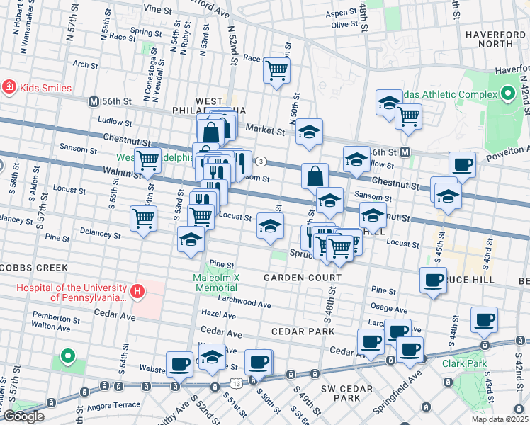 map of restaurants, bars, coffee shops, grocery stores, and more near 5022 Chancellor Street in Philadelphia