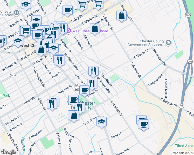 map of restaurants, bars, coffee shops, grocery stores, and more near 217 East Nields Street in West Chester