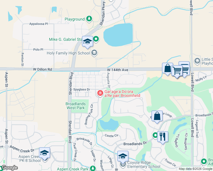 map of restaurants, bars, coffee shops, grocery stores, and more near 4801 Spyglass Drive in Broomfield