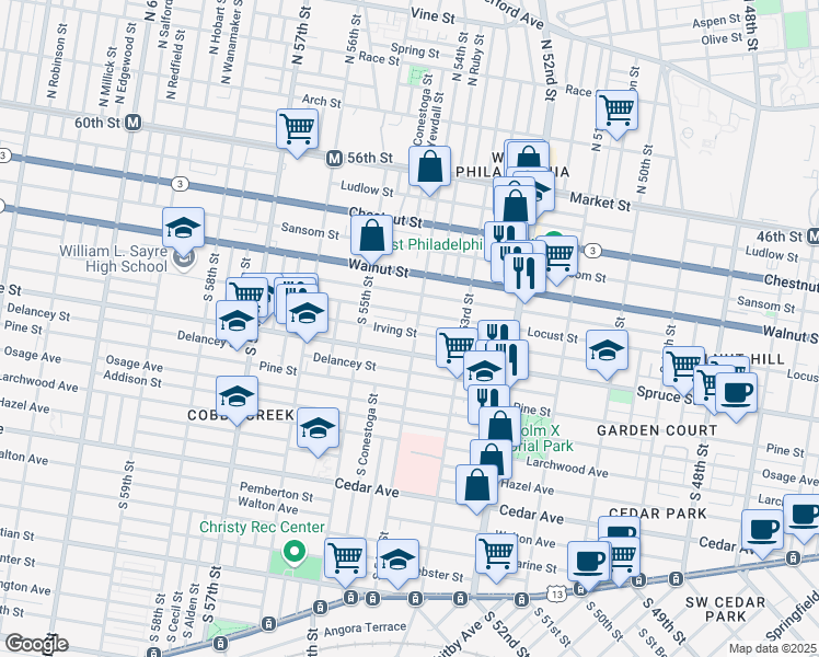 map of restaurants, bars, coffee shops, grocery stores, and more near 252 South 54th Street in Philadelphia