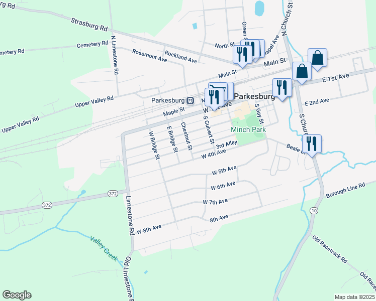 map of restaurants, bars, coffee shops, grocery stores, and more near 300 Chestnut Street in Parkesburg