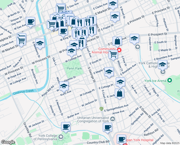 map of restaurants, bars, coffee shops, grocery stores, and more near 444 South George Street in York