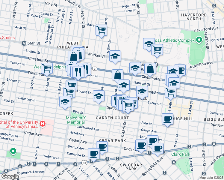 map of restaurants, bars, coffee shops, grocery stores, and more near 4913 Chancellor Street in Philadelphia