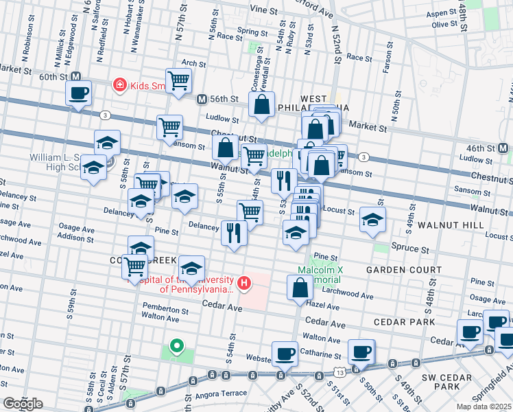 map of restaurants, bars, coffee shops, grocery stores, and more near 5353 Irving Street in Philadelphia