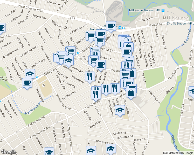 map of restaurants, bars, coffee shops, grocery stores, and more near 235 Ashby Road in Upper Darby