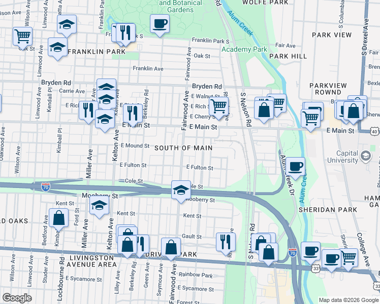 map of restaurants, bars, coffee shops, grocery stores, and more near 572 Fairwood Avenue in Columbus