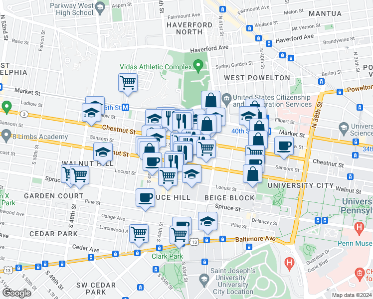 map of restaurants, bars, coffee shops, grocery stores, and more near 120 South 43rd Street in Philadelphia