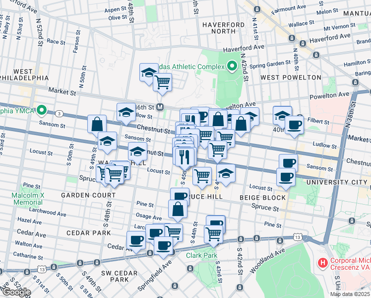 map of restaurants, bars, coffee shops, grocery stores, and more near 126 South 45th Street in Philadelphia