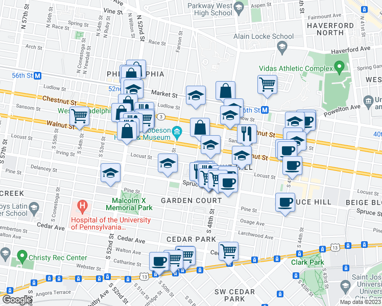 map of restaurants, bars, coffee shops, grocery stores, and more near 4913 Chancellor Street in Philadelphia
