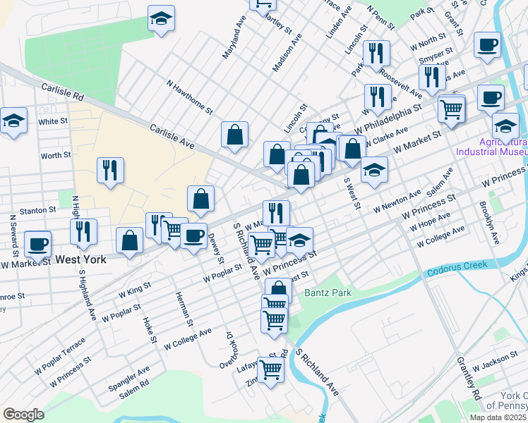 map of restaurants, bars, coffee shops, grocery stores, and more near 914 West Market Street in York