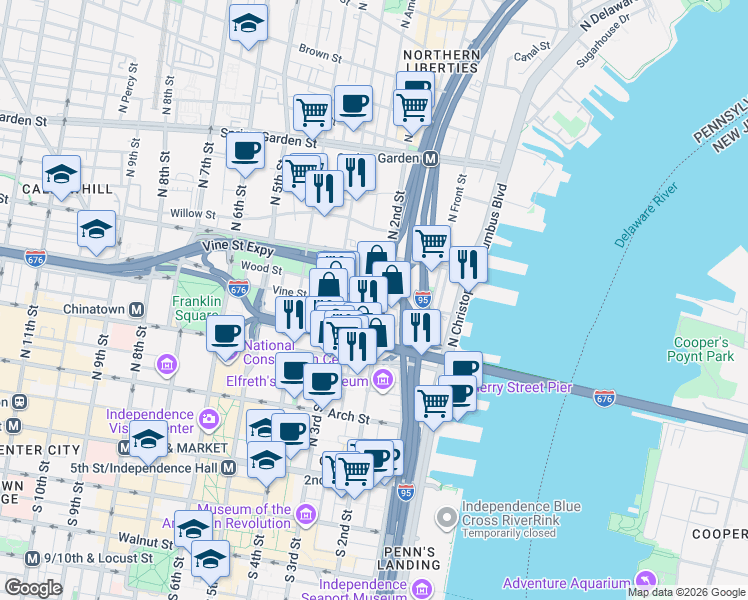map of restaurants, bars, coffee shops, grocery stores, and more near 203 Vine Street in Philadelphia